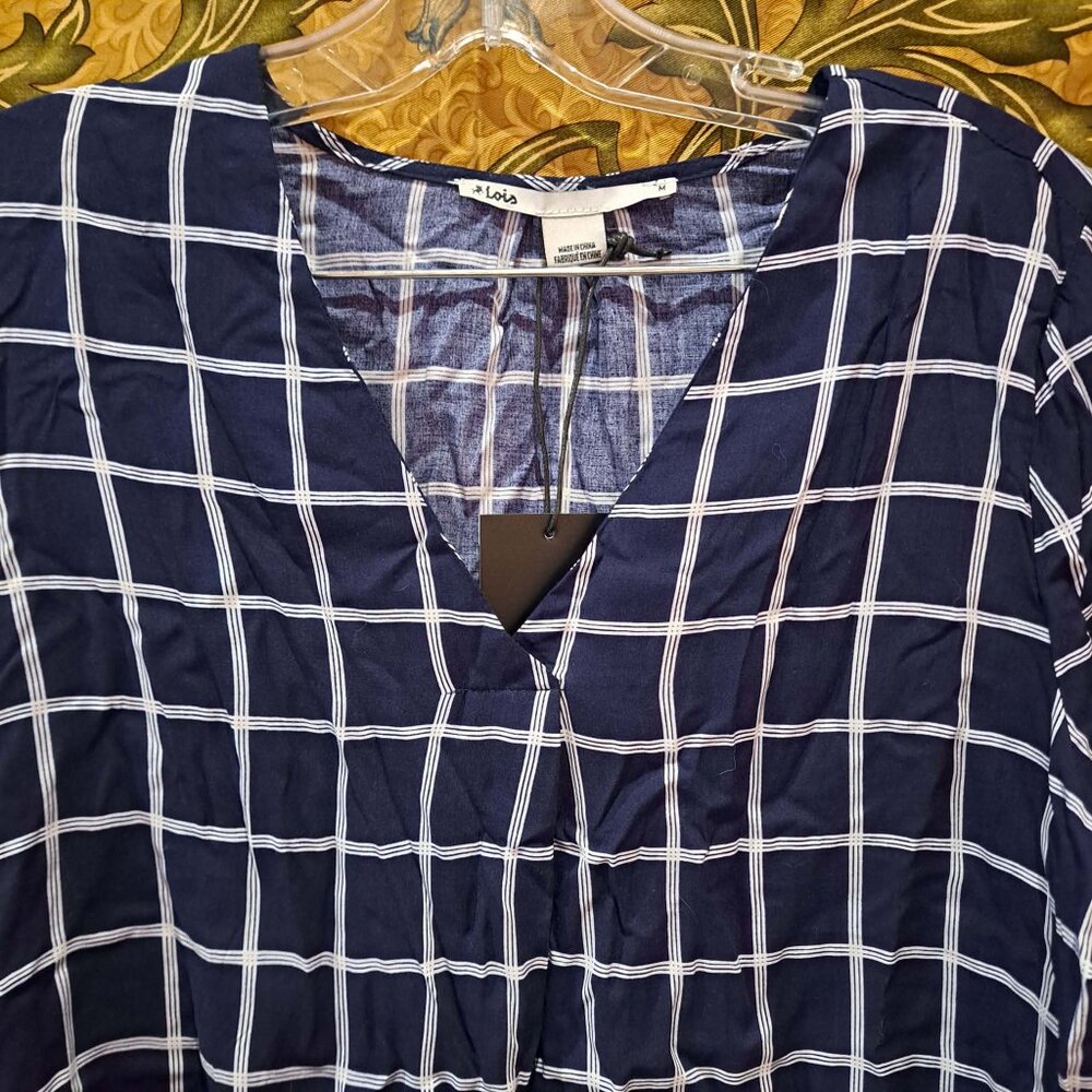 Navy checkered long sleeve blouse top for women - Picture 4 of 8